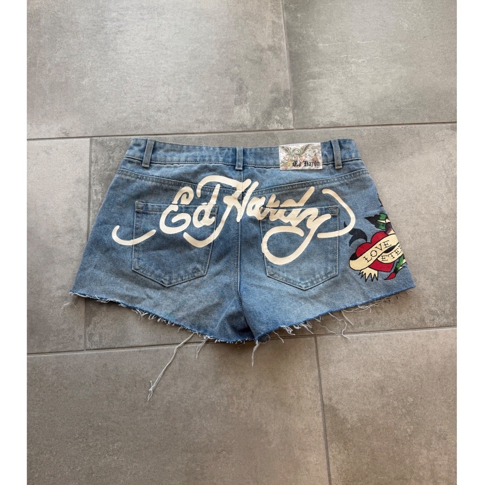 Vintage Y2K Ed Hardy Womens Light Wash Denim Micro Shorts Cut Off Shorts 28 Y2K
